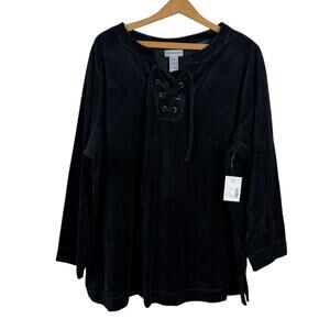 Catherines Womens Velour Top Size 1X Black Lace Up Comfy Boho Grunge Winter